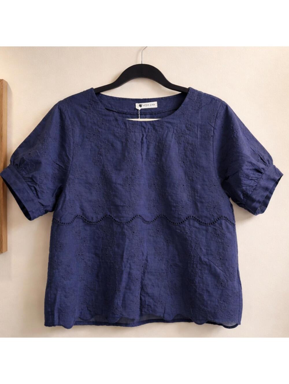 MEOW DAM Navy Blue Embroidered Short Sleeve Blouse